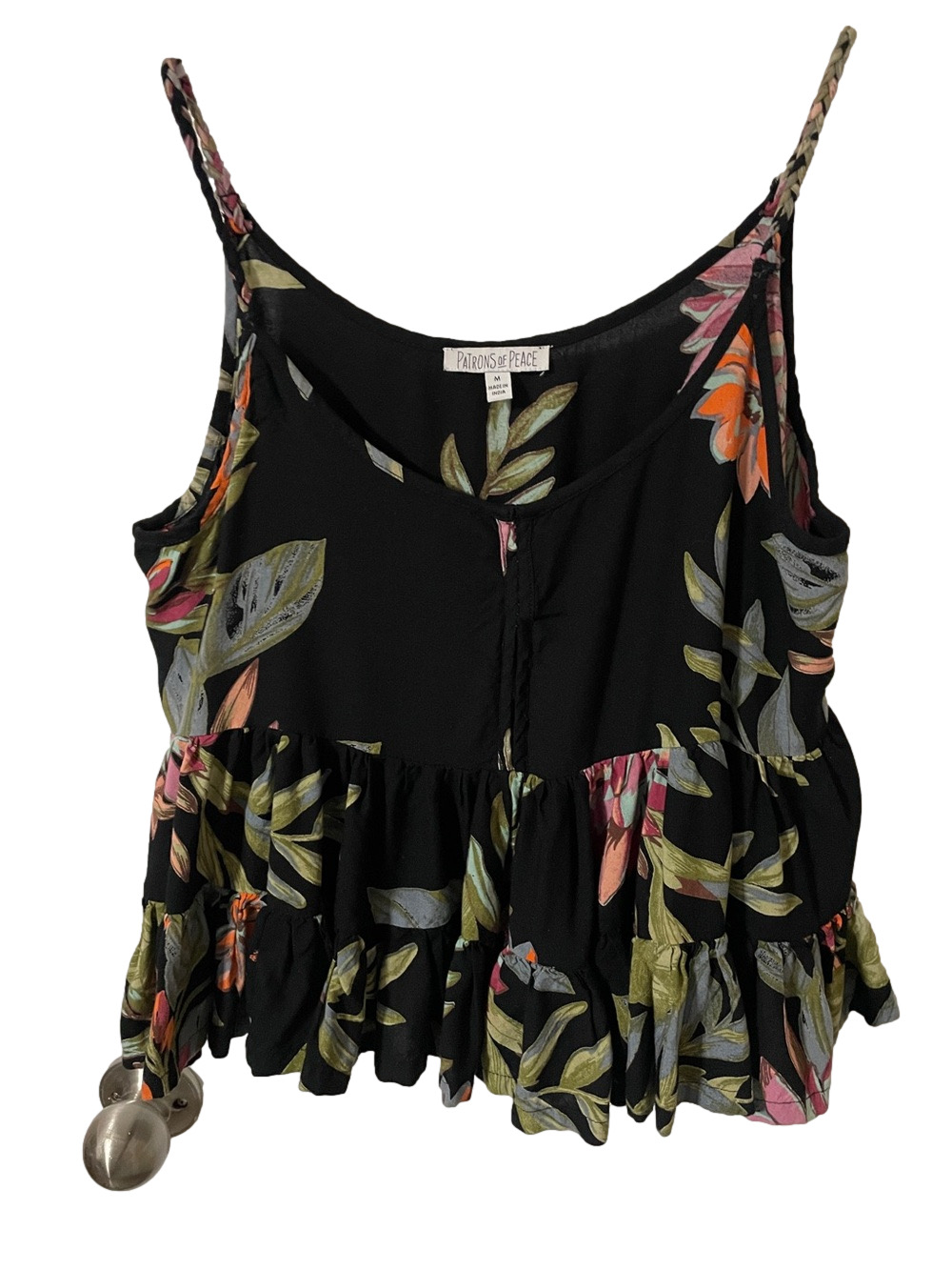 Patrons of Peace Black Floral with Ruffle Top Size Medium